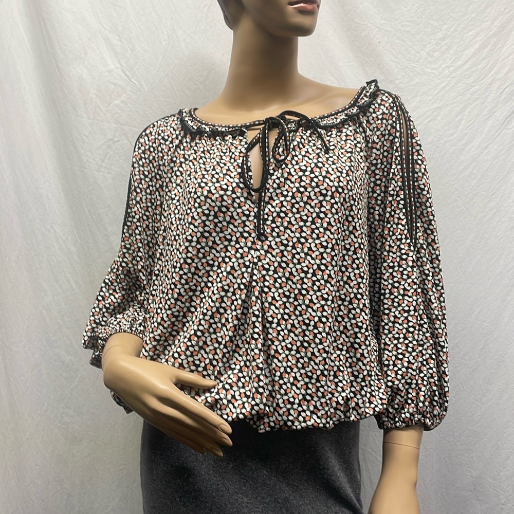 Max Studio Women's Gypsy Ruffle Collar Open 3/4 Sleeve Gathered Waist Top